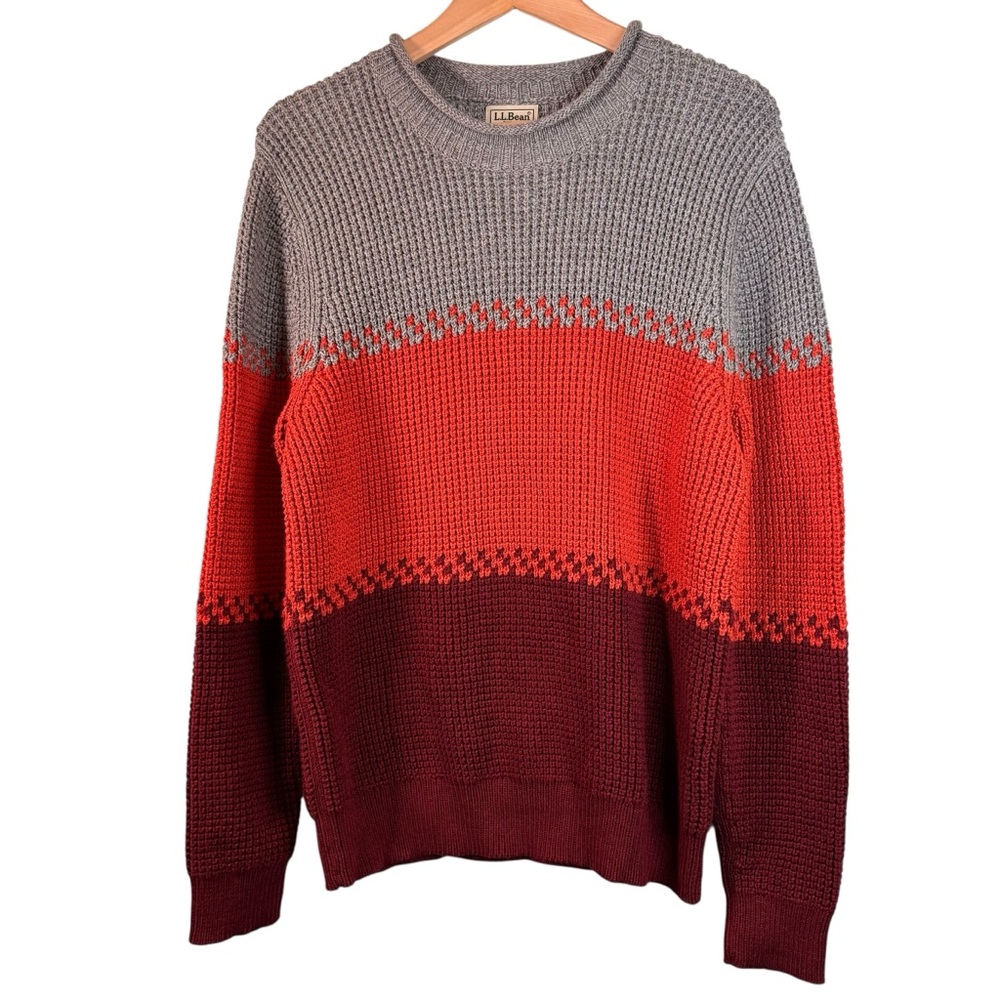 LL Bean Organic Cotton Rollneck Crew Waffle Sweater Mens Small Chunky Colorblock